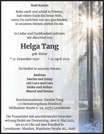 Anzeige von Helga Tang von Kölner Stadt-Anzeiger / Kölnische Rundschau / Express