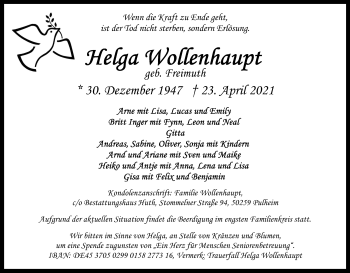 Anzeige von Helga Wollenhaupt von Kölner Stadt-Anzeiger / Kölnische Rundschau / Express