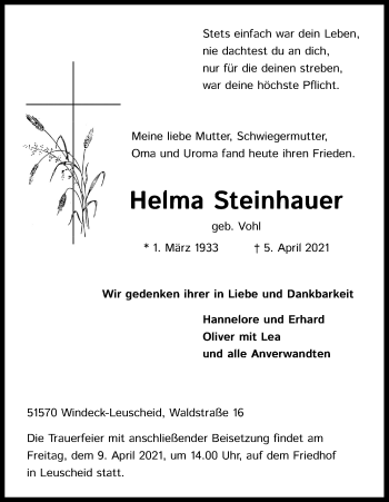 Anzeige von Helma Steinhauer von Kölner Stadt-Anzeiger / Kölnische Rundschau / Express