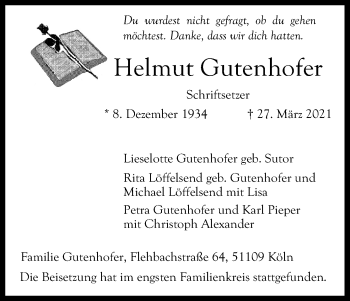Anzeige von Helmut Gutenhofer von Kölner Stadt-Anzeiger / Kölnische Rundschau / Express