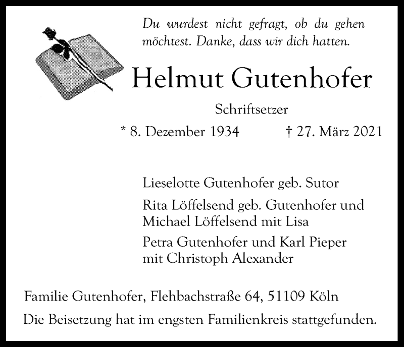  Traueranzeige für Helmut Gutenhofer vom 24.04.2021 aus Kölner Stadt-Anzeiger / Kölnische Rundschau / Express