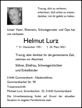 Anzeige von Helmut Lurz von  Anzeigen Echo 