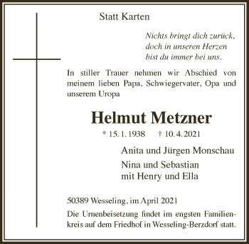Anzeige von Helmut Metzner von  Schlossbote/Werbekurier 