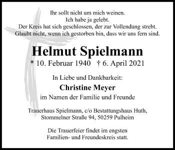 Anzeige von Helmut Spielmann von Kölner Stadt-Anzeiger / Kölnische Rundschau / Express