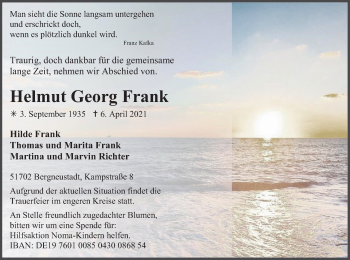 Anzeige von Helmut Georg Frank von Kölner Stadt-Anzeiger / Kölnische Rundschau / Express