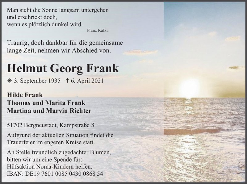  Traueranzeige für Helmut Georg Frank vom 10.04.2021 aus Kölner Stadt-Anzeiger / Kölnische Rundschau / Express