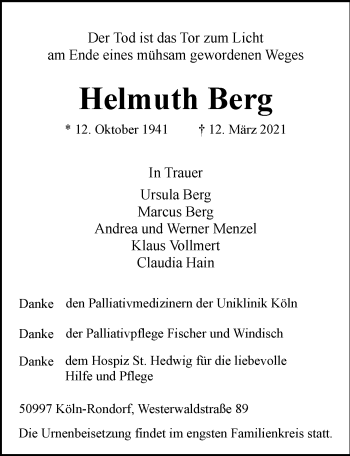 Anzeige von Helmuth Berg von  Kölner Wochenspiegel 