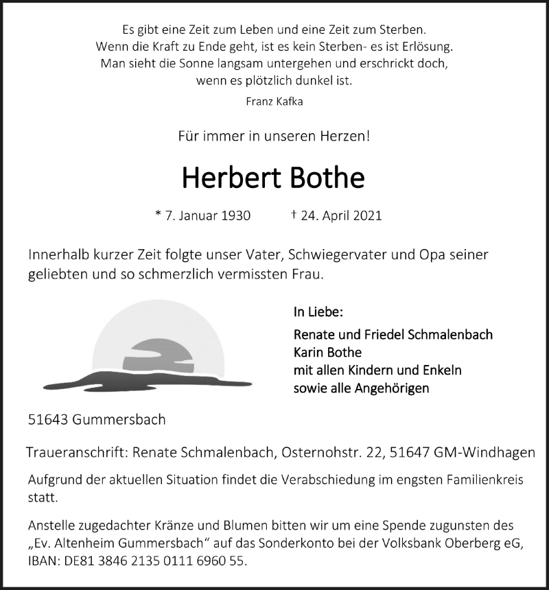  Traueranzeige für Herbert Bothe vom 29.04.2021 aus  Anzeigen Echo 