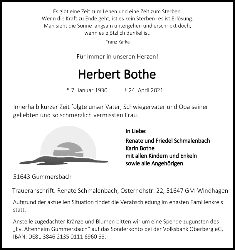  Traueranzeige für Herbert Bothe vom 30.04.2021 aus Kölner Stadt-Anzeiger / Kölnische Rundschau / Express