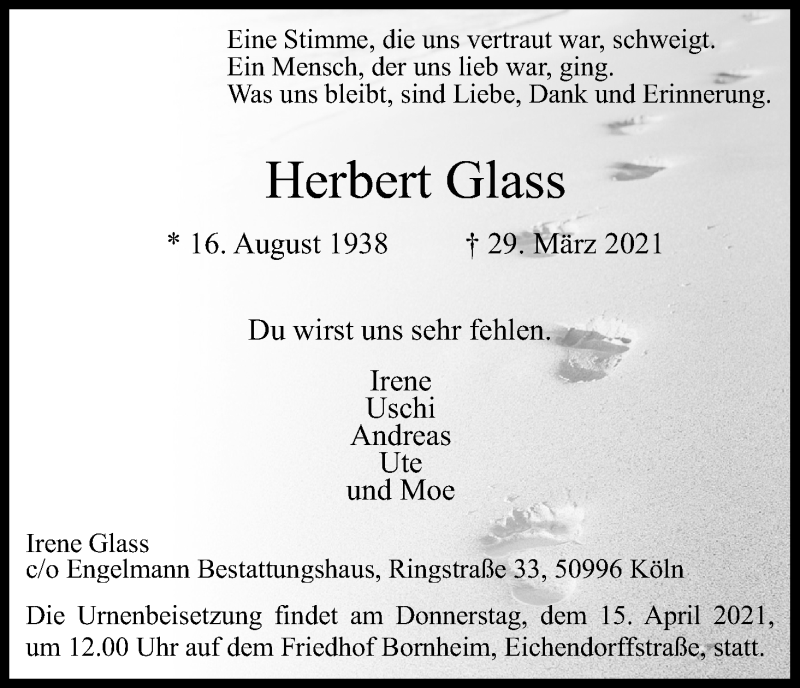  Traueranzeige für Herbert Glass vom 10.04.2021 aus Kölner Stadt-Anzeiger / Kölnische Rundschau / Express