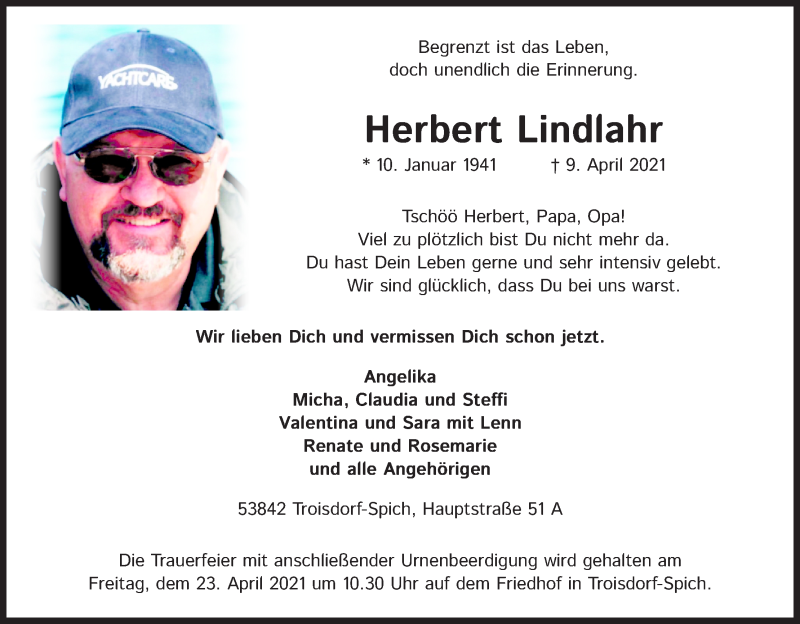  Traueranzeige für Herbert Lindlahr vom 17.04.2021 aus Kölner Stadt-Anzeiger / Kölnische Rundschau / Express