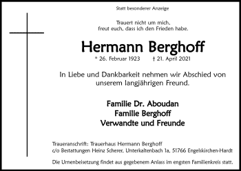 Anzeige von Hermann Berghoff von Kölner Stadt-Anzeiger / Kölnische Rundschau / Express