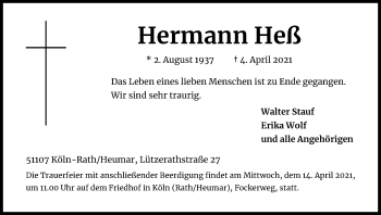 Anzeige von Hermann Heß von Kölner Stadt-Anzeiger / Kölnische Rundschau / Express