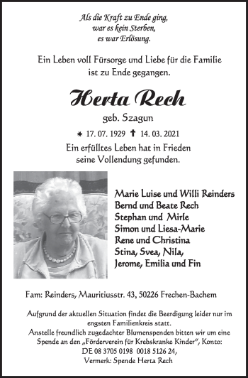 Anzeige von Herta Rech von  Schlossbote/Werbekurier 