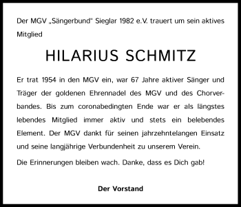 Anzeige von Hilarius Schmitz von Kölner Stadt-Anzeiger / Kölnische Rundschau / Express