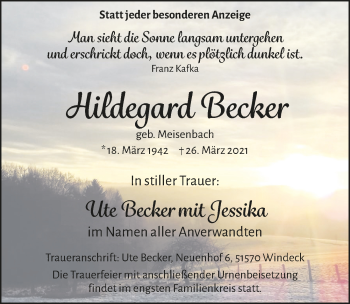 Anzeige von Hildegard Becker von  Extra Blatt  Lokalanzeiger 