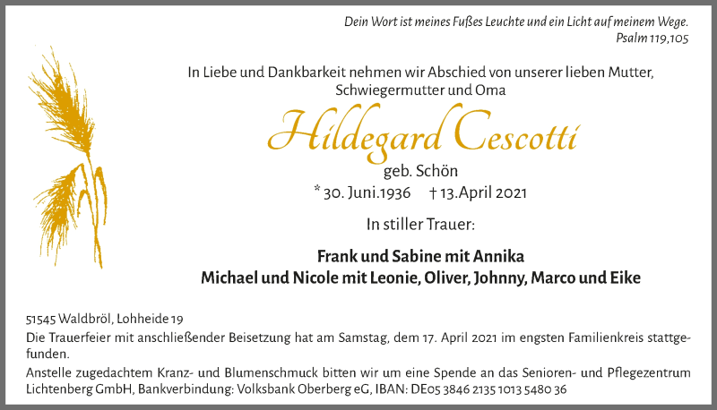  Traueranzeige für Hildegard Cescotti vom 23.04.2021 aus  Lokalanzeiger 