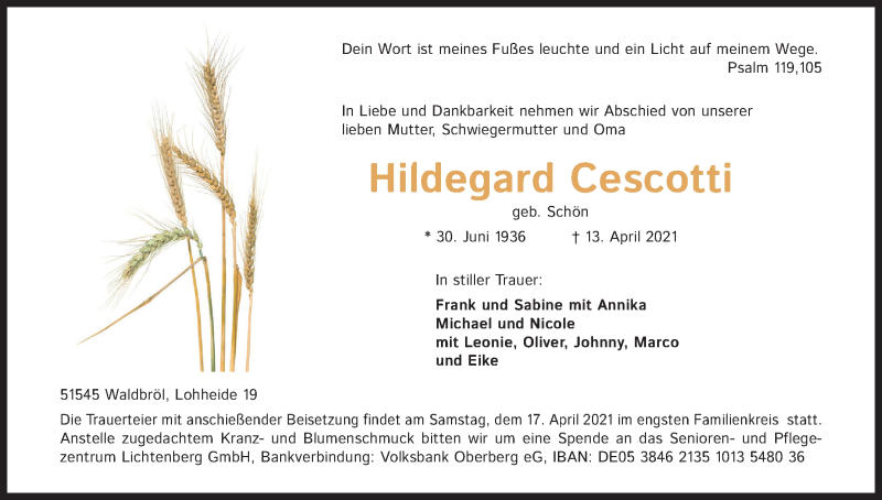  Traueranzeige für Hildegard Cescotti vom 17.04.2021 aus Kölner Stadt-Anzeiger / Kölnische Rundschau / Express
