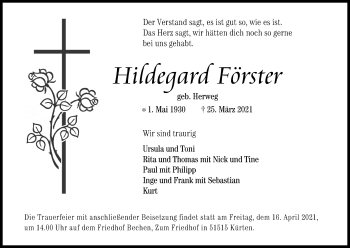 Anzeige von Hildegard Förster von Kölner Stadt-Anzeiger / Kölnische Rundschau / Express