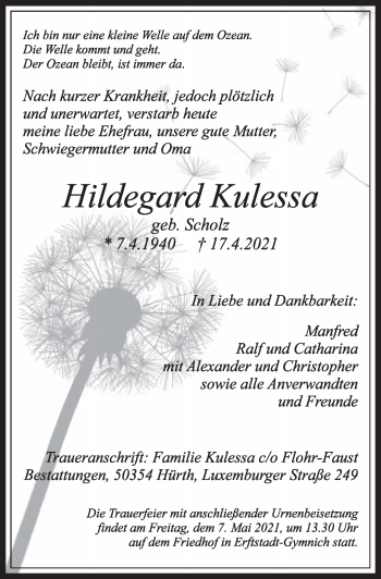 Anzeige von Hildegard Kulessa von  Werbepost 