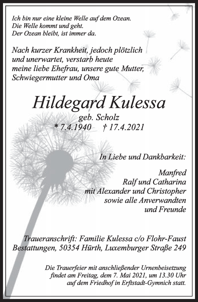  Traueranzeige für Hildegard Kulessa vom 29.04.2021 aus  Werbepost 