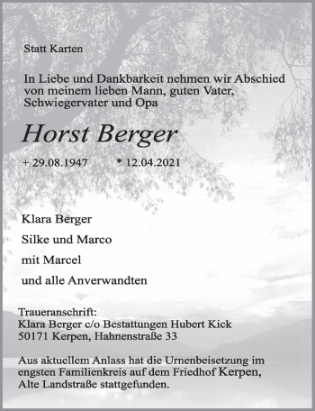 Anzeige von Horst Berger von  Werbepost 