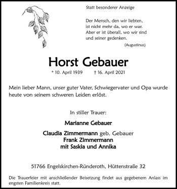 Anzeige von Horst Gebauer von Kölner Stadt-Anzeiger / Kölnische Rundschau / Express