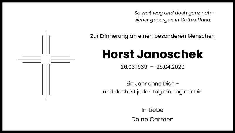  Traueranzeige für Horst Janoschek vom 24.04.2021 aus Kölner Stadt-Anzeiger / Kölnische Rundschau / Express