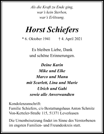 Anzeige von Horst Schiefers von Kölner Stadt-Anzeiger / Kölnische Rundschau / Express