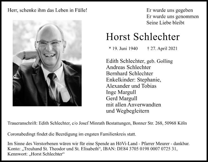  Traueranzeige für Horst Schlechter vom 30.04.2021 aus Kölner Stadt-Anzeiger / Kölnische Rundschau / Express