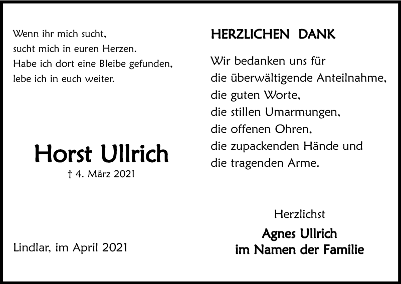  Traueranzeige für Horst Ullrich vom 15.04.2021 aus Kölner Stadt-Anzeiger / Kölnische Rundschau / Express