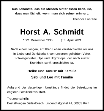 Anzeige von Horst A. Schmidt von Kölner Stadt-Anzeiger / Kölnische Rundschau / Express