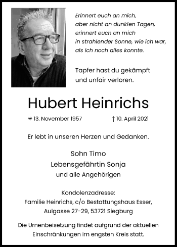 Anzeige von Hubert Heinrichs von Kölner Stadt-Anzeiger / Kölnische Rundschau / Express
