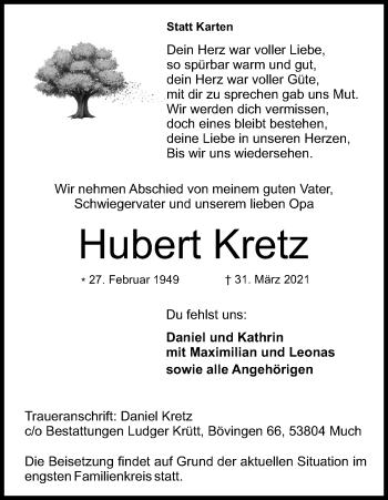 Anzeige von Hubert Kretz von Kölner Stadt-Anzeiger / Kölnische Rundschau / Express