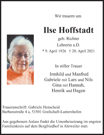 Anzeige von Ilse Hoffstadt von Kölner Stadt-Anzeiger / Kölnische Rundschau / Express