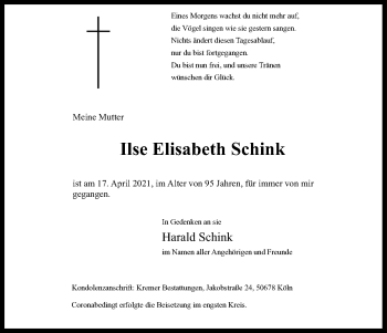 Anzeige von Ilse Elisabeth Schink von Kölner Stadt-Anzeiger / Kölnische Rundschau / Express