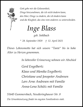 Anzeige von Inge Blass von Kölner Stadt-Anzeiger / Kölnische Rundschau / Express