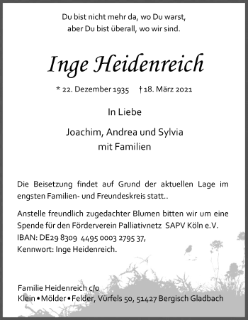 Anzeige von Inge Heidenreich von Kölner Stadt-Anzeiger / Kölnische Rundschau / Express