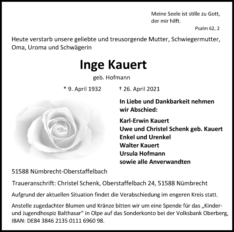  Traueranzeige für Inge Kauert vom 30.04.2021 aus Kölner Stadt-Anzeiger / Kölnische Rundschau / Express