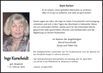 Anzeige von Inge Kurscheidt von Kölner Stadt-Anzeiger / Kölnische Rundschau / Express