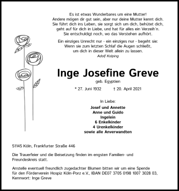 Anzeige von Inge Josefine Greve von Kölner Stadt-Anzeiger / Kölnische Rundschau / Express