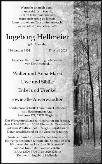 Anzeige von Ingeborg Hellmeier von Kölner Stadt-Anzeiger / Kölnische Rundschau / Express