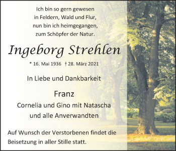 Anzeige von Ingeborg Strehlen von Kölner Stadt-Anzeiger / Kölnische Rundschau / Express