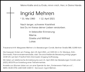 Anzeige von Ingrid Mehren von Kölner Stadt-Anzeiger / Kölnische Rundschau / Express