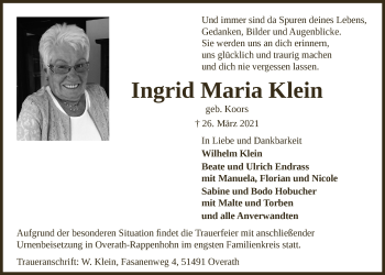 Anzeige von Ingrid Maria Klein von  Bergisches Handelsblatt 