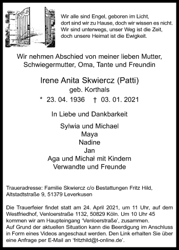 Anzeige von Irene Anita Skwiercz von Kölner Stadt-Anzeiger / Kölnische Rundschau / Express