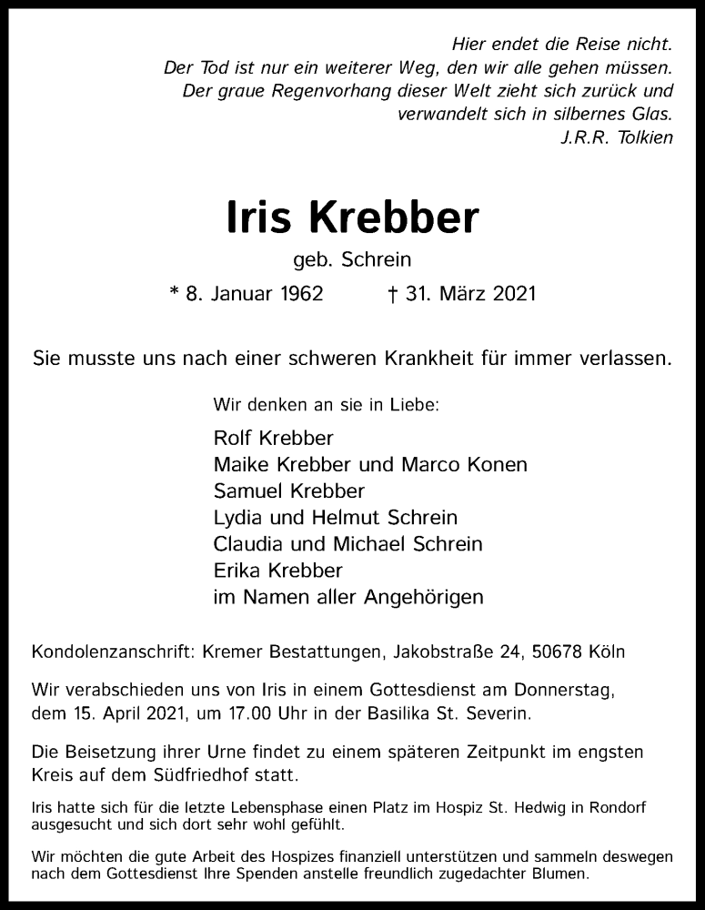 Traueranzeige für Iris Krebber vom 10.04.2021 aus Kölner Stadt-Anzeiger / Kölnische Rundschau / Express
