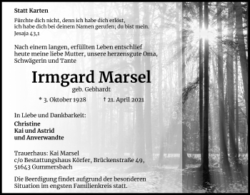 Anzeige von Irmgard Marsel von Kölner Stadt-Anzeiger / Kölnische Rundschau / Express