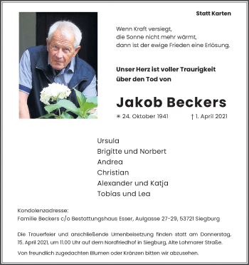 Anzeige von Jakob Beckers von Kölner Stadt-Anzeiger / Kölnische Rundschau / Express