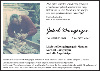 Anzeige von Jakob Domgörgen von Kölner Stadt-Anzeiger / Kölnische Rundschau / Express